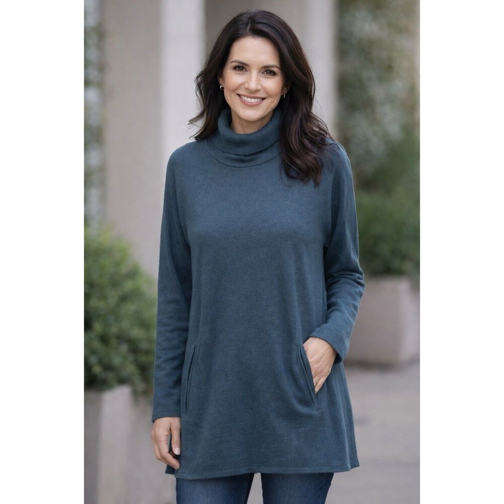 Garnet Hill Teal Cowl Neck Tunic Sweater